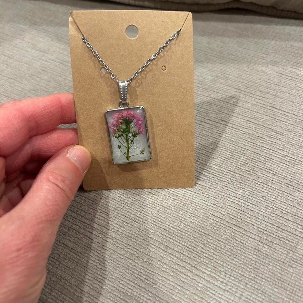 Handmade Pink flower necklace with silver chain